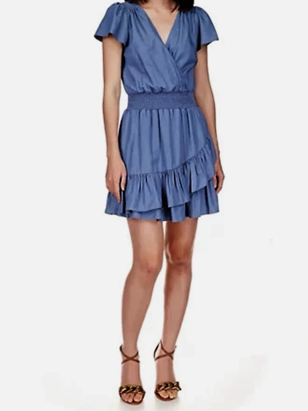 Michael Kors Blue Chambray Ruffle Wrap Mini Dress